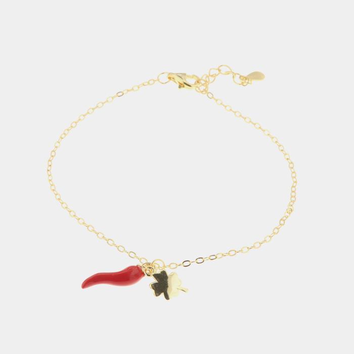 Bracciale in Argento 925 con cornetto portafortuna impreziosito da smalto rosso e quadrifoglio