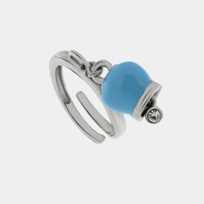 Anello in Metallo con campanella portafortuna pendente color azzurro, impreziosita da punto luce