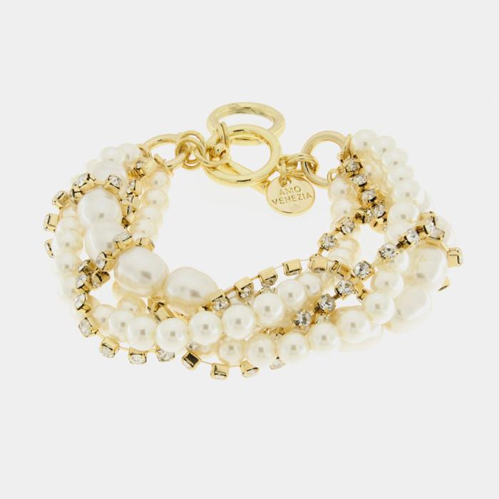 Bracciale in Metallo mutifilo intrecciato con perle e zriconi