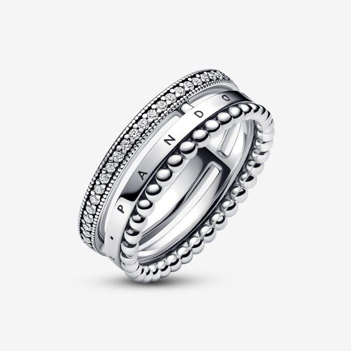 Anello Tripla Fascia con Logo, Pavé e Sfere