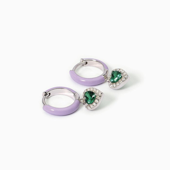 Orecchini a cerchio in argento con smalto viola e smeraldo sintetico LOVE AFFAIR