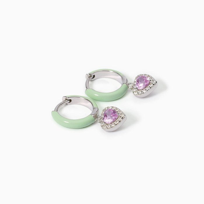 Orecchini a cerchio in argento con smalto verde e zircone rosa LOVE AFFAIR