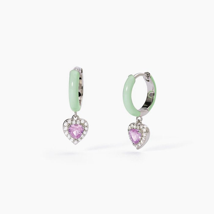 Orecchini a cerchio in argento con smalto verde e zircone rosa LOVE AFFAIR