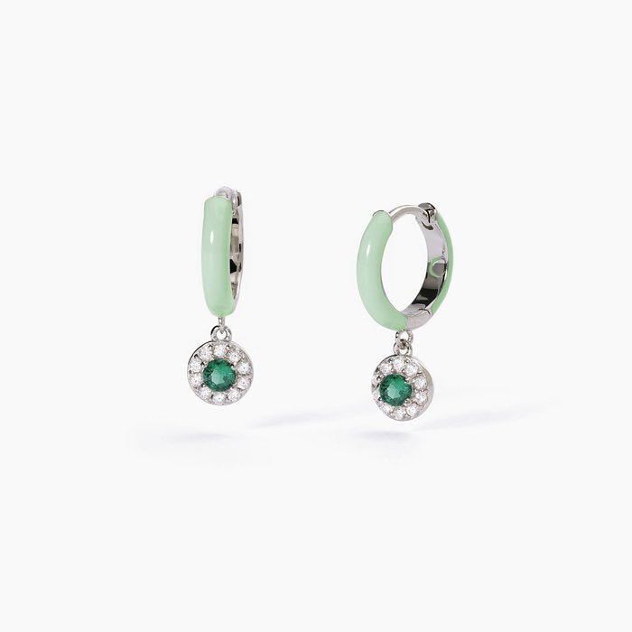 Orecchini a cerchio in argento con smalto verde e smeraldo sintetico MILANESIENNE