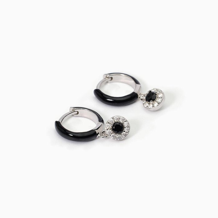 Orecchini a cerchio in argento con smalto nero e zircone nero MILANESIENNE