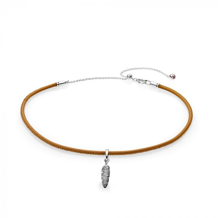 Girocollo Choker pelle marrone piuma