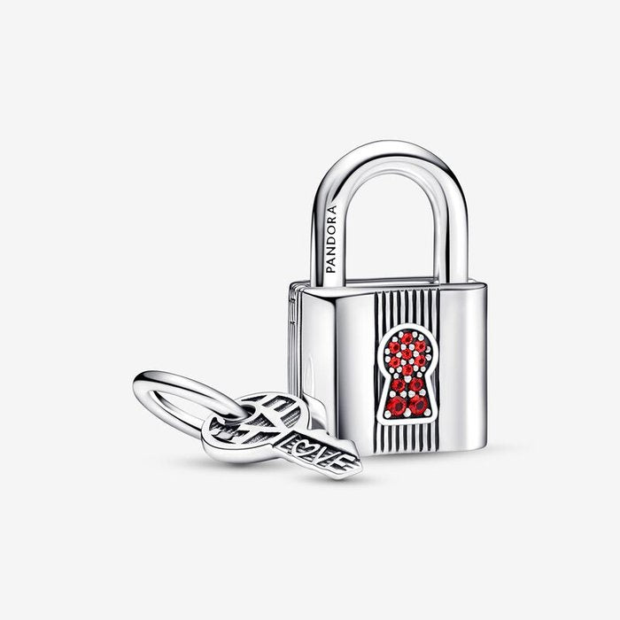 Charm Pendente Lucchetto e Chiave dell’Amore con Pietre Rosse