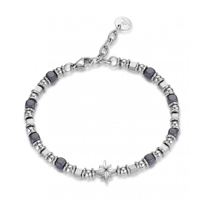 Bracciale in acciaio con ematite grigia e rosa dei venti