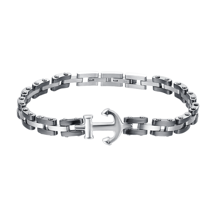 BRACCIALE UOMO IN ACCIAIO IP ROSE CON ELEMENTI IN CERAMICA NERA ED ANCORA