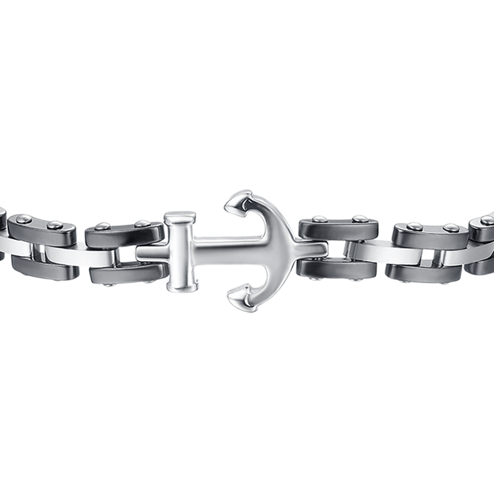 BRACCIALE UOMO IN ACCIAIO IP ROSE CON ELEMENTI IN CERAMICA NERA ED ANCORA