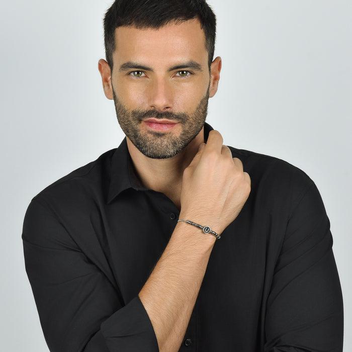 BRACCIALE UOMO IN ACCIAIO ELEMENTO CON FERRO DI CAVALLO SILVER E SMALTO NERO