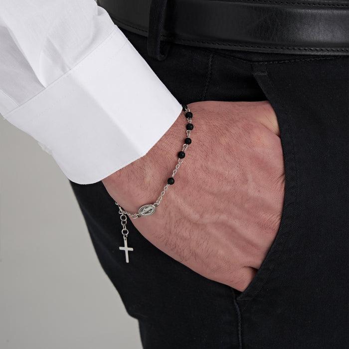 BRACCIALE UOMO IN ACCIAIO CON ROSARIO, CROCE PENDENTE E CRISTALLI NERI