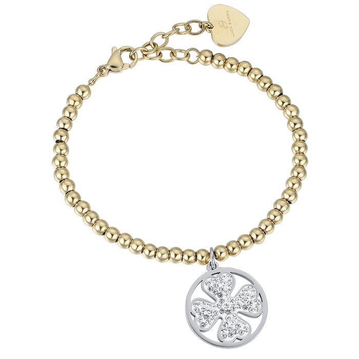 BRACCIALE IN ACCIAIO IP GOLD CON QUADRIFOGLIO IN ACCIAIO CON CRISTALLI BIANCHI