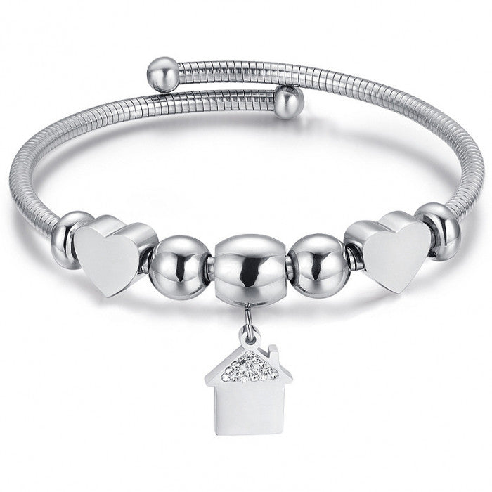 Bracciale rigido con cuori e pendente casa con strass