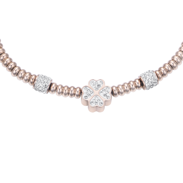 BRACCIALE IN ACCIAIO IP ROSE CON QUADRIFOGLIO CON CRISTALLI BIANCHI