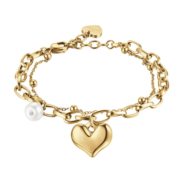 BRACCIALE DONNA IN ACCIAIO IP GOLD CON CUORE E PERLE