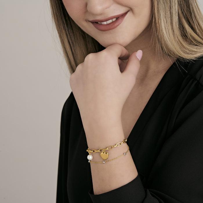BRACCIALE DONNA IN ACCIAIO IP GOLD CON CUORE E PERLE