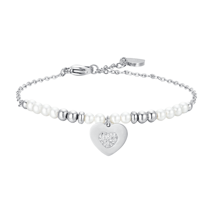 BRACCIALE DONNA IN ACCIAIO CON PERLE E CUORE