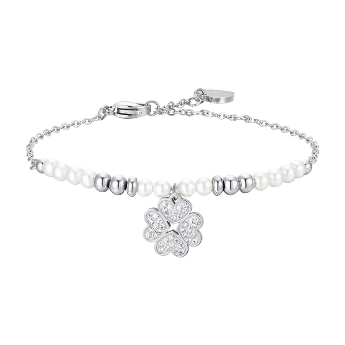 BRACCIALE DONNA IN ACCIAIO CON PERLE E QUADRIFOGLIO