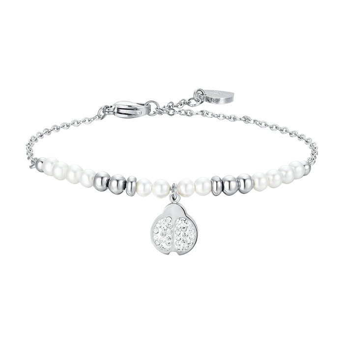 BRACCIALE DONNA IN ACCIAIO CON PERLE E COCCINELLA