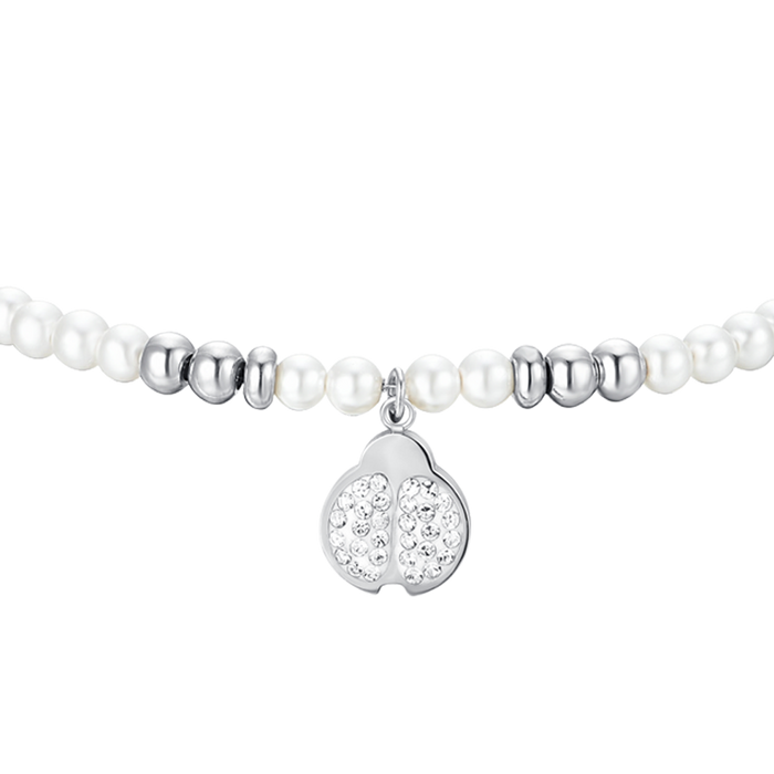 BRACCIALE DONNA IN ACCIAIO CON PERLE E COCCINELLA