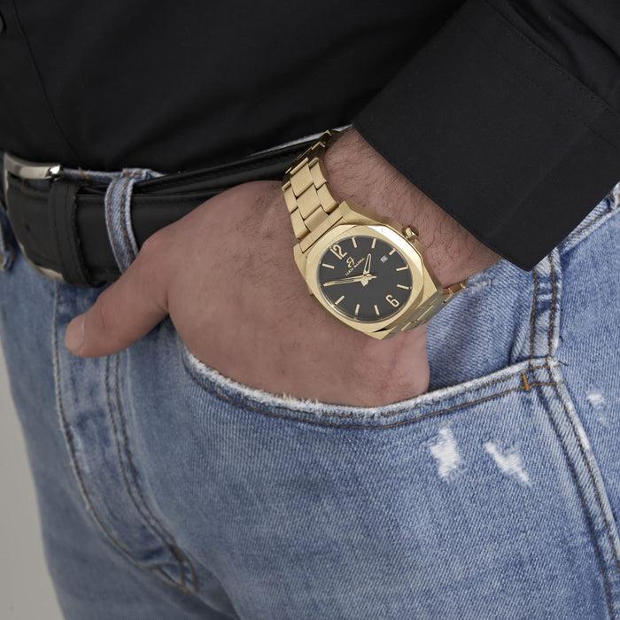 OROLOGIO CON CASSA IN ACCIAIO IP GOLD QUADRANTE NERO BRACCIALE GOLD