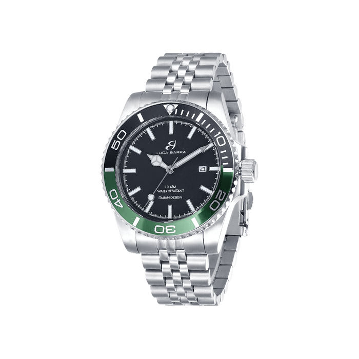 OROLOGIO CON CASSA IN ACCIAIO QUADRANTE NERO GHIERA NERA E VERDE