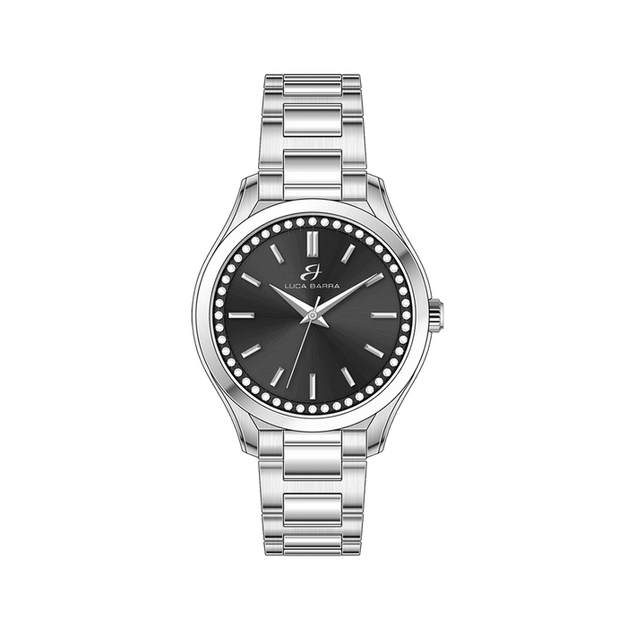 OROLOGIO DONNA IN ACCIAIO GHIERA NERA E CRISTALLI BIANCHI