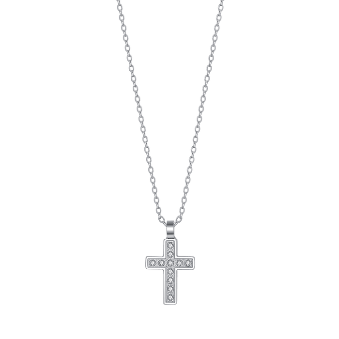 COLLANA UOMO IN ACCIAIO CON CROCE E CRISTALLI BIANCHI