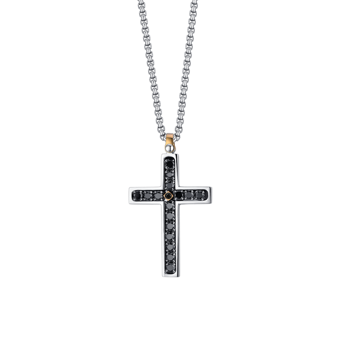 COLLANA UOMO IN ACCIAIO CROCE CON CRISTALLI NERI
