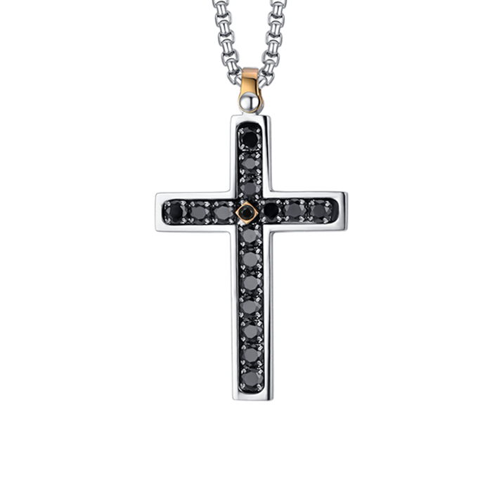 COLLANA UOMO IN ACCIAIO CROCE CON CRISTALLI NERI