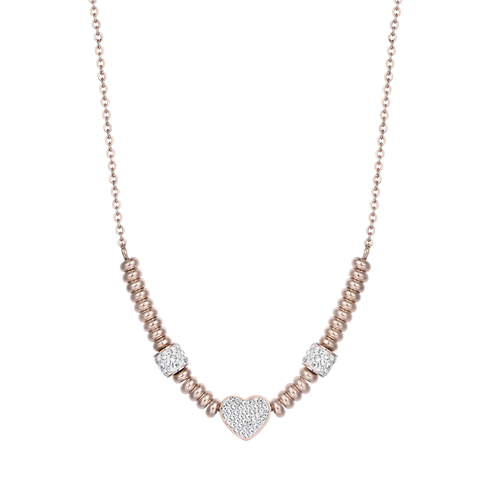 COLLANA IN ACCIAIO IP ROSE CON CUORE CON CRISTALLI BIANCHI