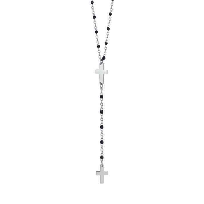 COLLANA ROSARIO DONNA IN ACCIAIO CON CROCI ED ELEMENTI NERI
