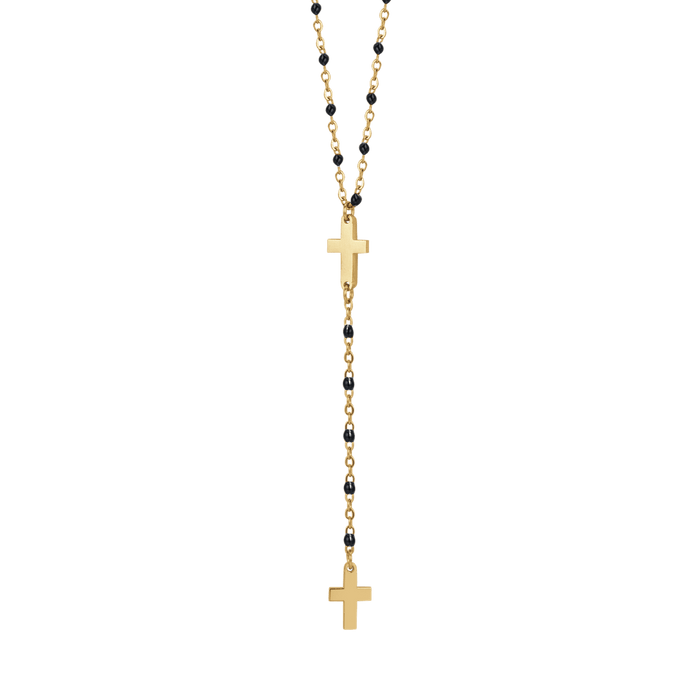 COLLANA ROSARIO DONNA IN ACCIAIO CON CROCI ED ELEMENTI NERI