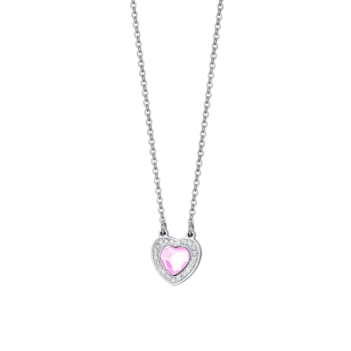 COLLANA DONNA IN ACCIAIO CUORE CRISTALLO ROSA E CRISTALLI BIANCHI