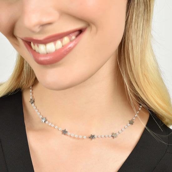 COLLANA DONNA IN ACCIAIO CON PERLE BIANCHE E STELLE