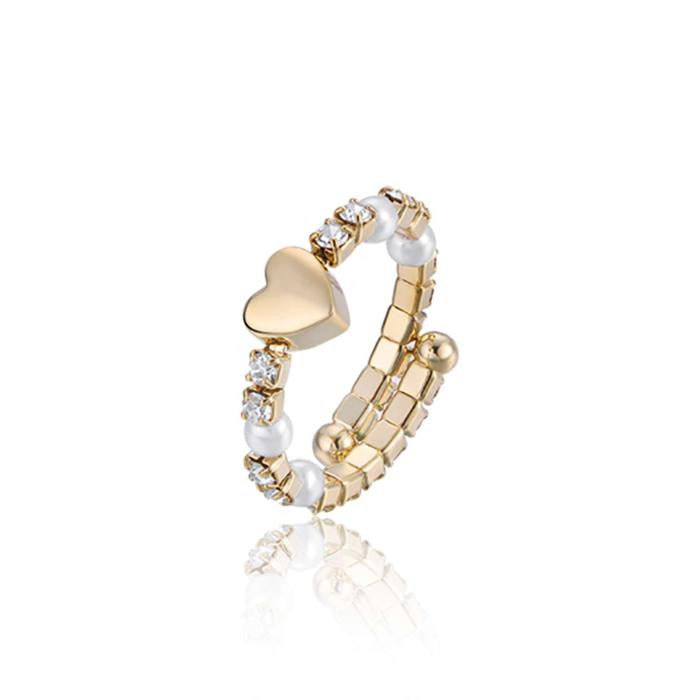 Anello Regolabile In Metallo Ip Gold Con Cuore Cristalli E Perle Bianche