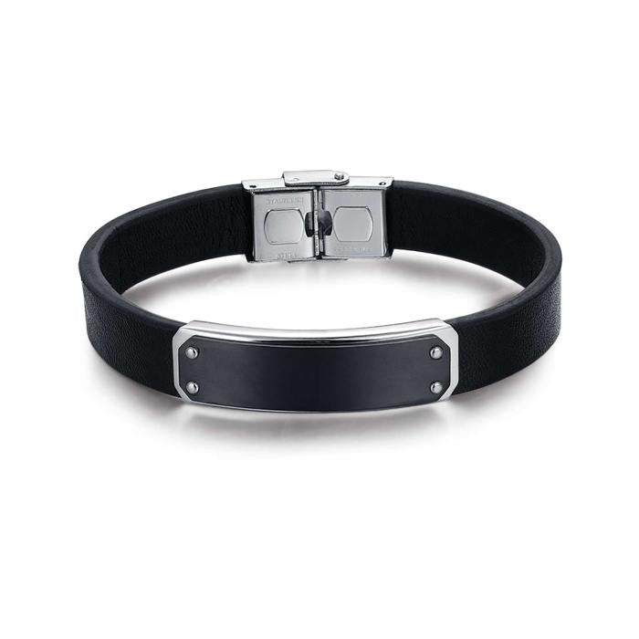 Bracciale In Cuoio Nero Con Piastra In Acciaio Ip Nero