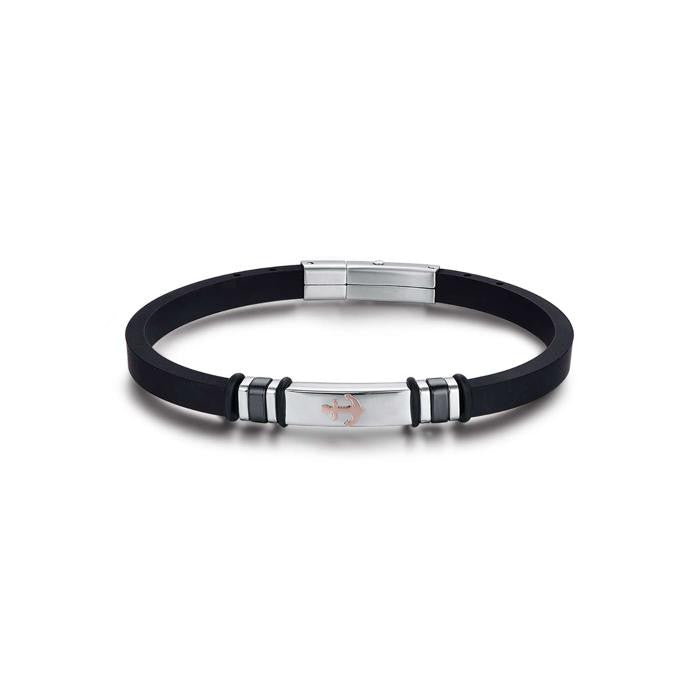 Bracciale in silicone nero con piastra in acciaio e ancora ip rose
