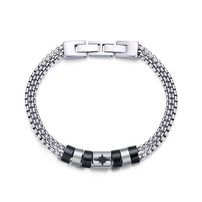 Bracciale In Acciaio Con Elementi Ip Nero E Rosa Dei Venti In Smalto Nero