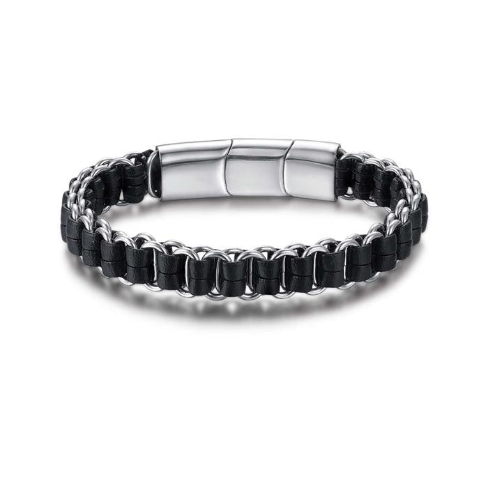 Bracciale In Acciaio Con Elementi In Pelle Nera