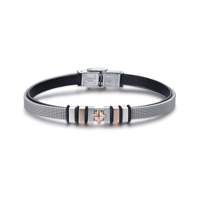 Bracciale In Acciaio Con Rosa Dei Venti Ip Rose Ed Interno In Pelle Nera