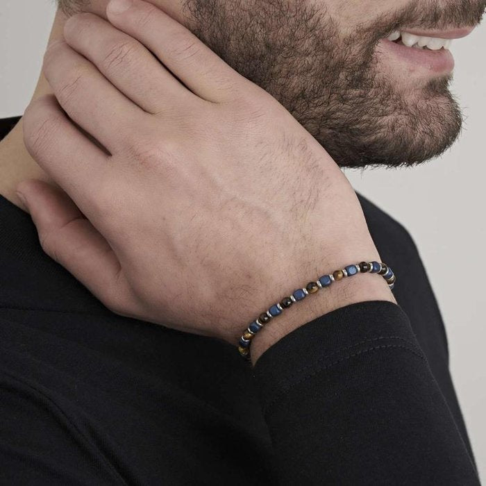 Bracciale in acciaio con pietre occhio di tigre e blu