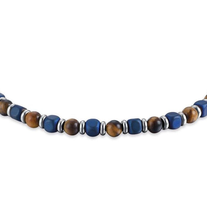 Bracciale in acciaio con pietre occhio di tigre e blu