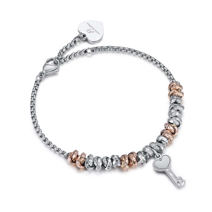 Bracciale In Acciaio Con Elementi Ip Rose Chiave Con  Cristalli Bianchi