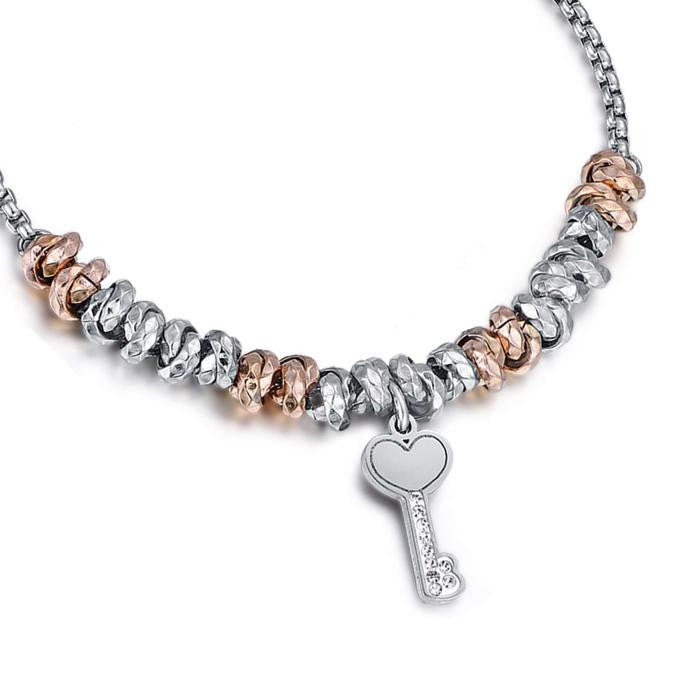 Bracciale In Acciaio Con Elementi Ip Rose Chiave Con  Cristalli Bianchi