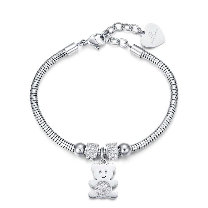 Bracciale In Acciaio Con Orsetto E Cristalli Bianchi