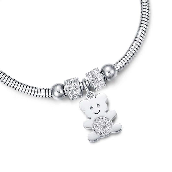Bracciale In Acciaio Con Orsetto E Cristalli Bianchi
