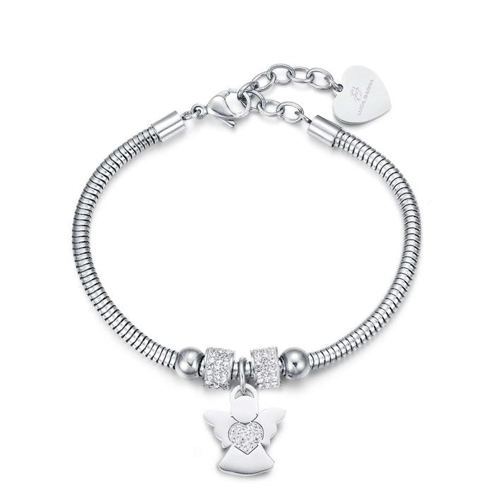 Bracciale In Acciaio Con Angelo E Cristalli Bianchi