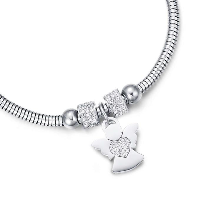 Bracciale In Acciaio Con Angelo E Cristalli Bianchi